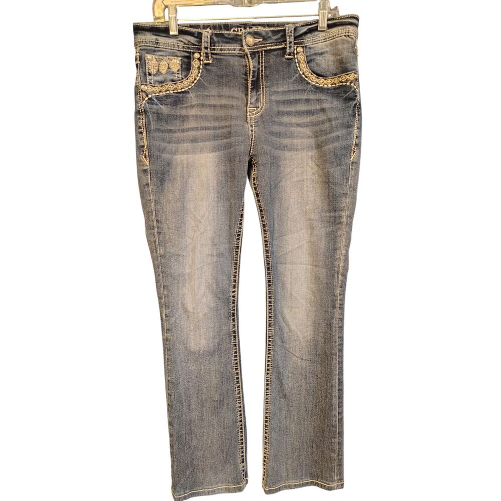 Grace In La Women's Mid Rise Embroidered Easy‎ Fit Medium Wash Jeans Size 30